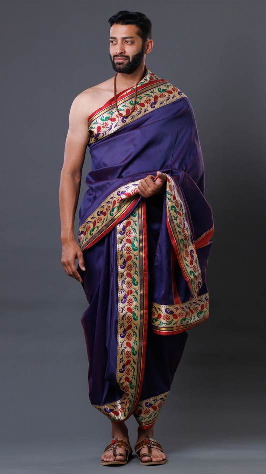 Navy Blue Silk Dhoti Set: Wonder Border Panchakacham Vesthi (10x6) ratnadeepdhoti