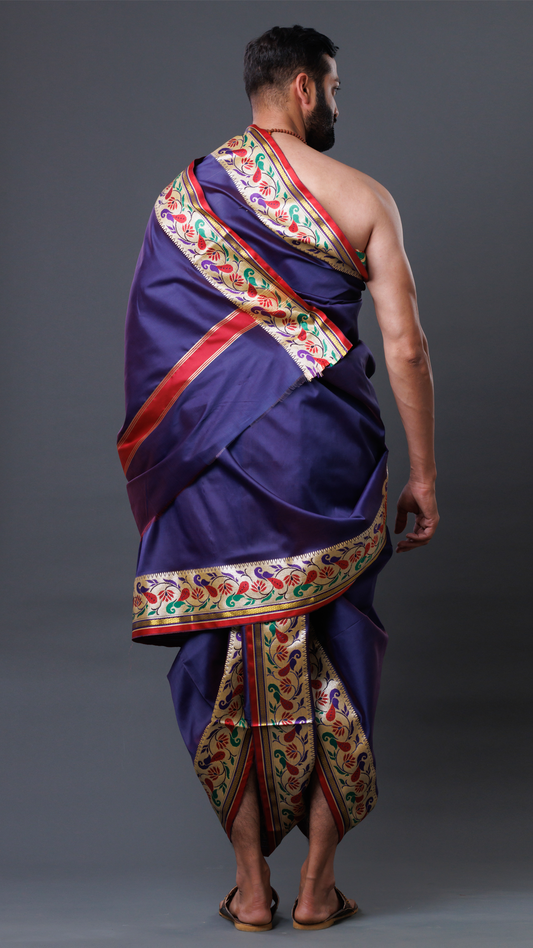 Navy Blue Silk Dhoti Set: Wonder Border Panchakacham Vesthi (10x6) ratnadeepdhoti