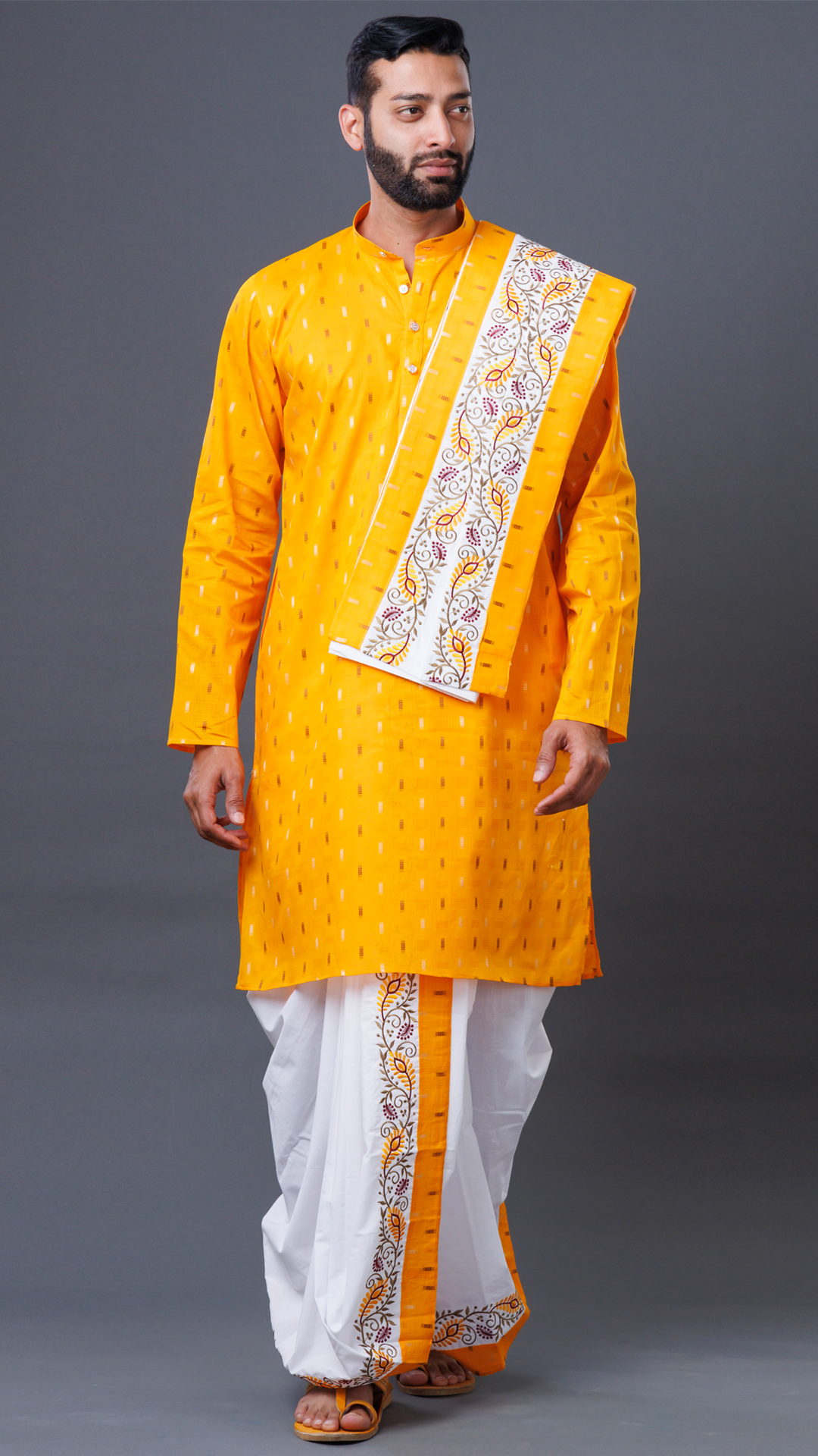 Mahaprabhuji 3-Piece Set: White Dhoti, Vibrant Kurta & Classic White Khesh – Traditional & Elegant Wear"ratnadeepdhoti