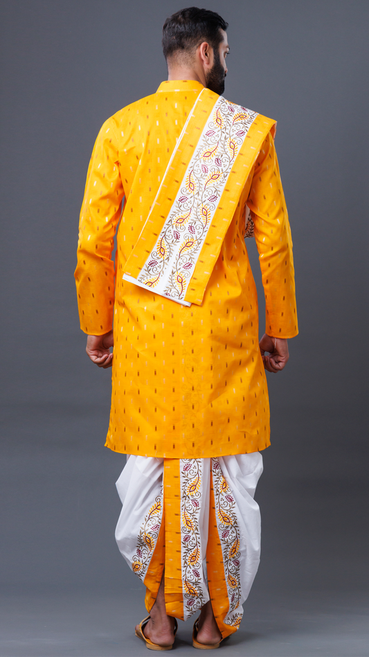 Mahaprabhuji 3-Piece Set: White Dhoti, Vibrant Kurta, and Classic White Khesh ratnadeepdhoti