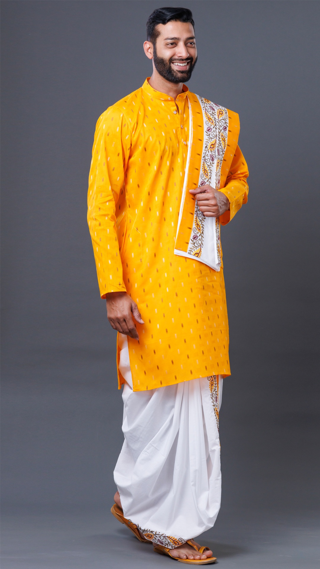 Mahaprabhuji 3-Piece Set: White Dhoti, Vibrant Kurta, and Classic White Khesh ratnadeepdhoti