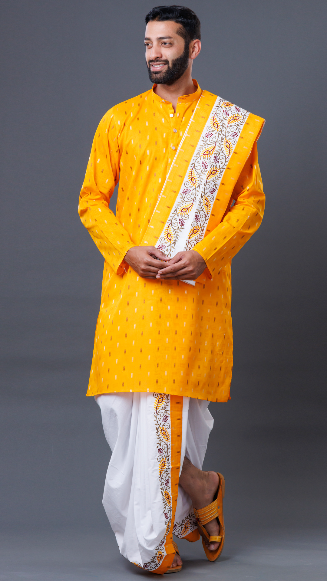 Mahaprabhuji 3-Piece Set: White Dhoti, Vibrant Kurta, and Classic White Khesh ratnadeepdhoti