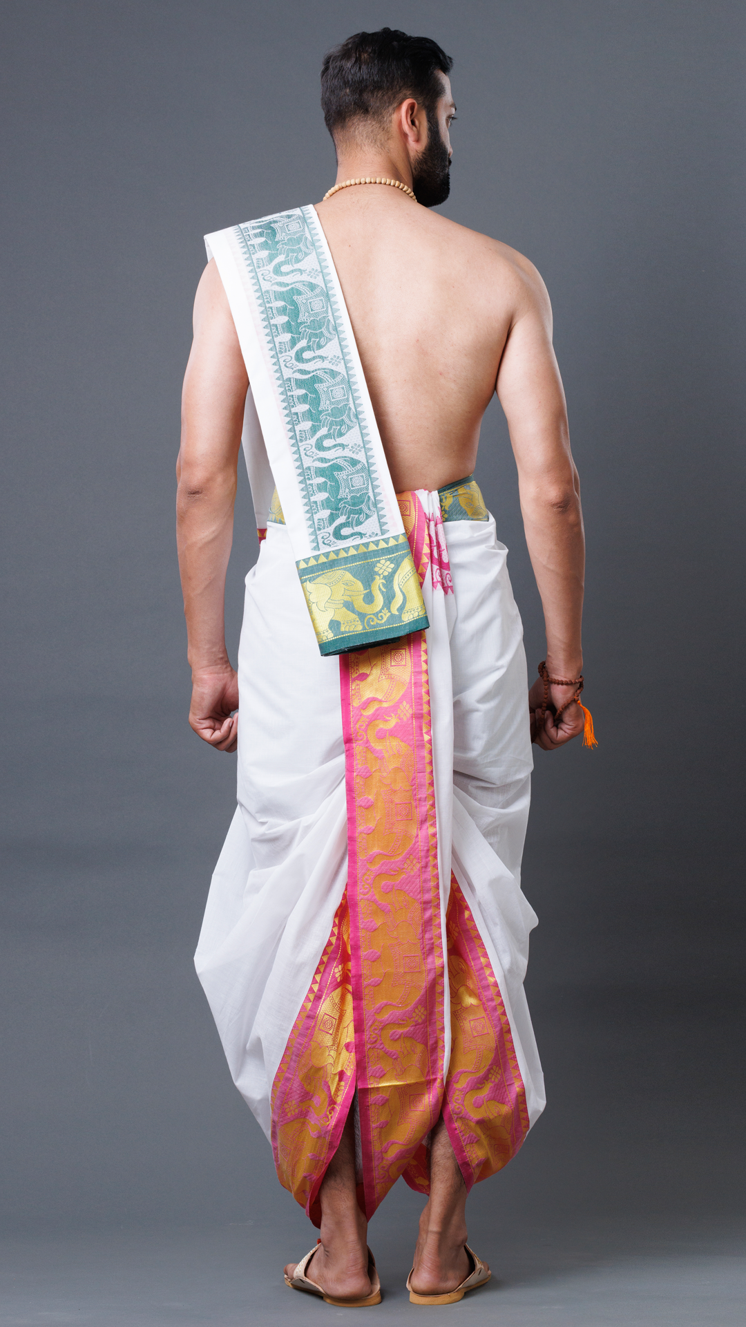 Men's White Cotton Temple Dhoti with 6-Inch Zari Elephant Border (10x6) ratnadeepdhoti