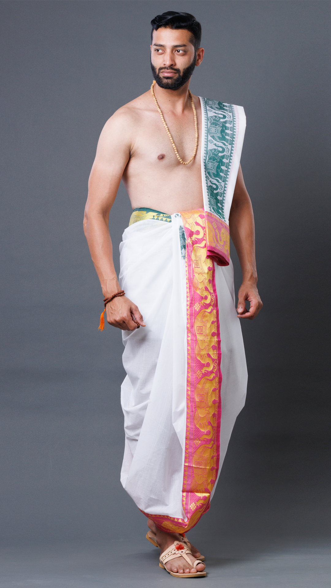 Men's White Cotton Temple Dhoti with 6-Inch Zari Elephant Border (10x6) ratnadeepdhoti