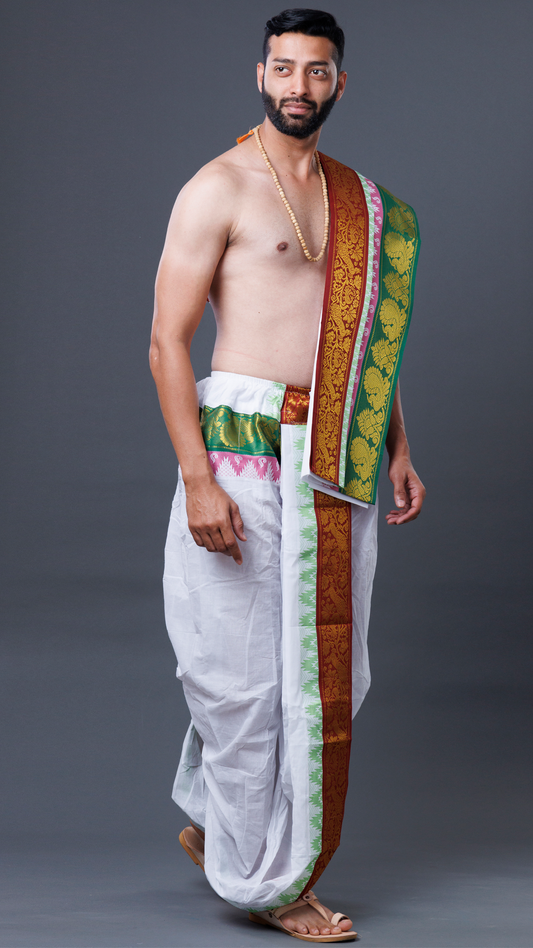 Exclusive Art Silk Dhoti with 5-Inch Temple Tower Jacquard Border (10x6) ratnadeepdhoti