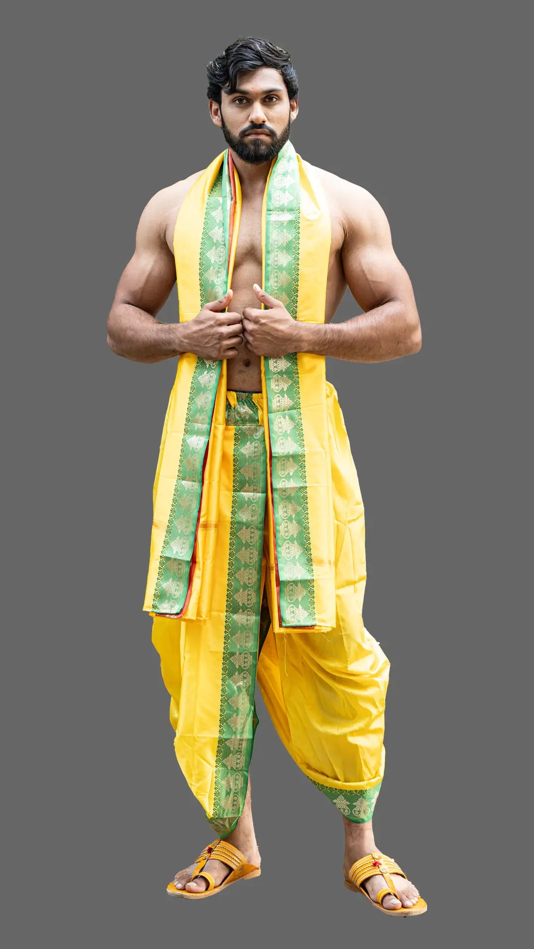 Kalash Border Jod in Yellow and Parrot Green with Design (10x6) ratnadeepdhoti