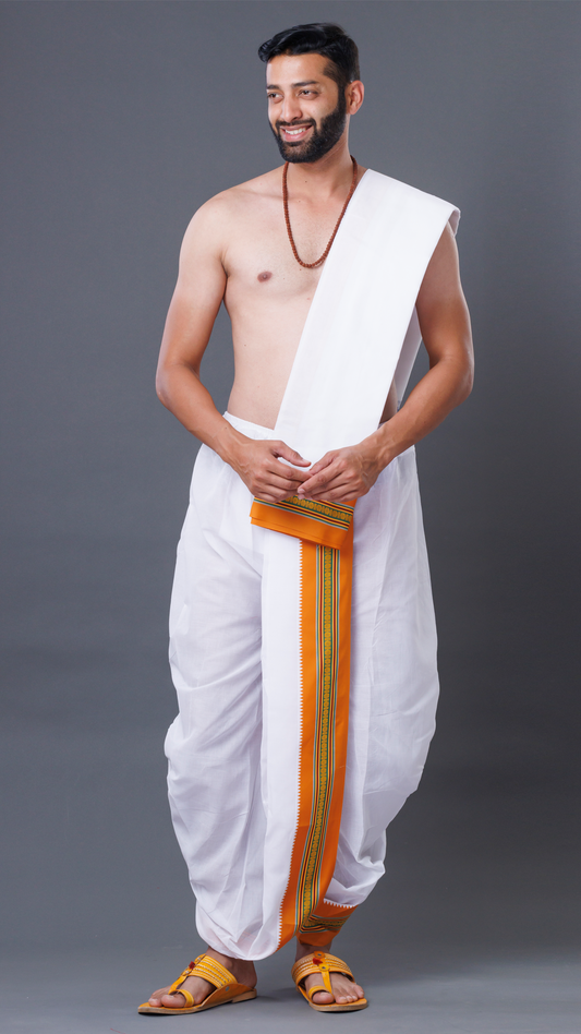 Golden Border Cotton White Dhoti - Ready-to-Wear Elegance ratnadeepdhoti