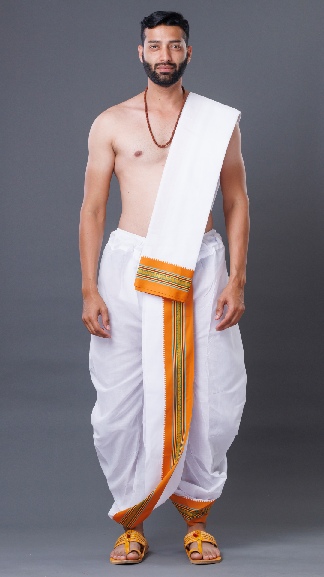 White Cotton Dhoti with Golden Border - Ready-to-Wear Elegance ratnadeepdhoti
