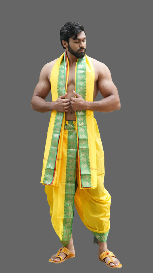 Kalash Border Jod in Yellow and Parrot Green with Design (10x6) ratnadeepdhoti