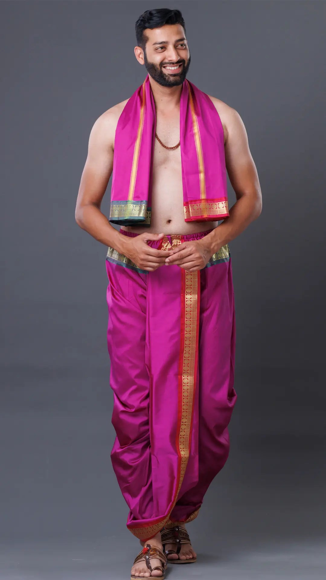 Readymade Silk Dhoti & Uparana in Rani (Pink) Color ratnadeepdhoti