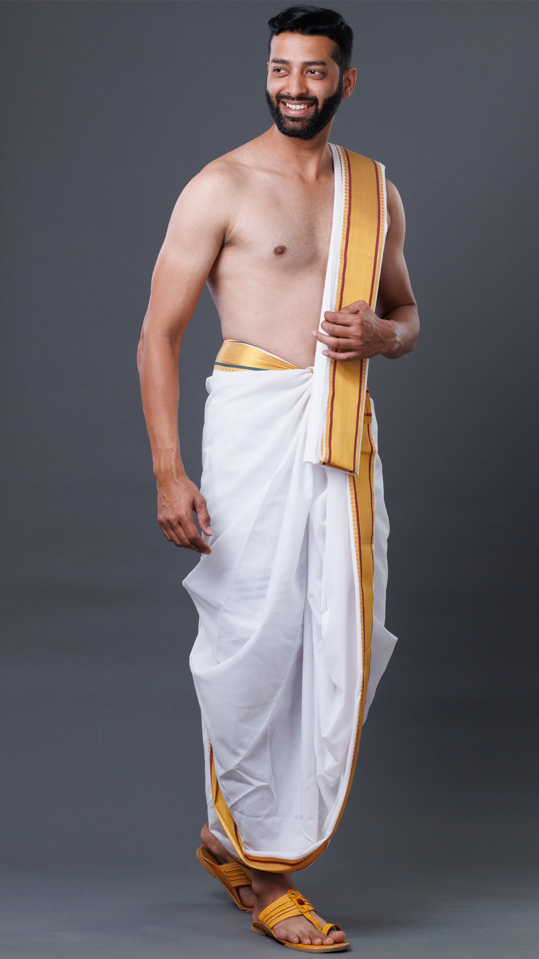 Traditional White Cotton Dhoti with 6cm Golden Zari Border for Men ratnadeepdhoti