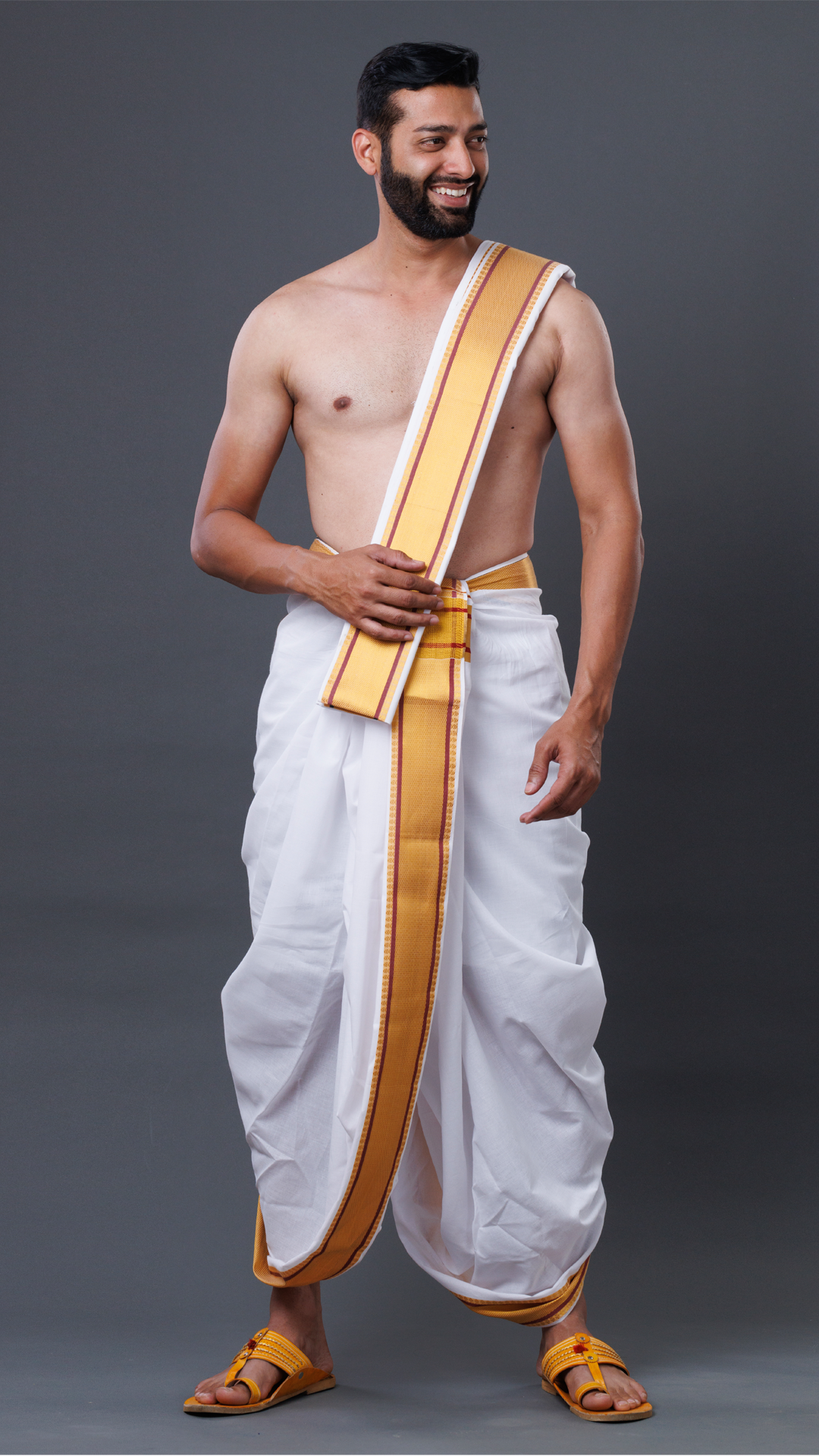 Men's Traditional White Cotton Dhoti with 6cm Golden Zari Border ratnadeepdhoti
