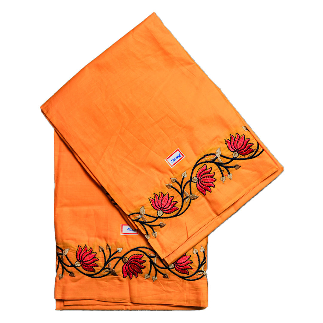 Orange Cotton Dhoti with Flower Design Border