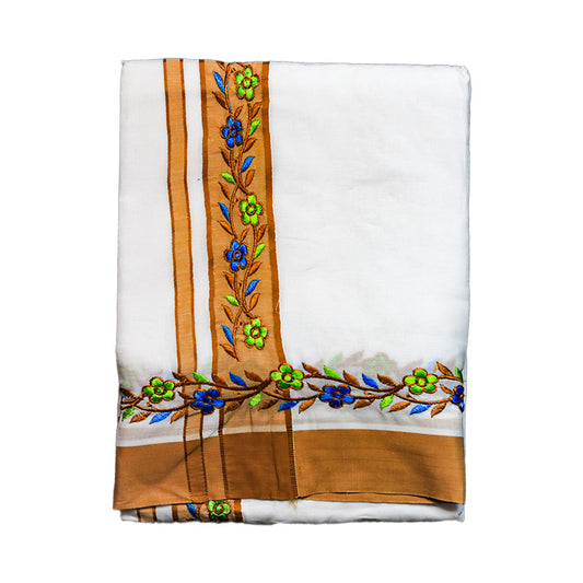 Designer Cotton Dhoti: White with Floral Embroidery and Solid Details for Men Ratnadeep Dhoti