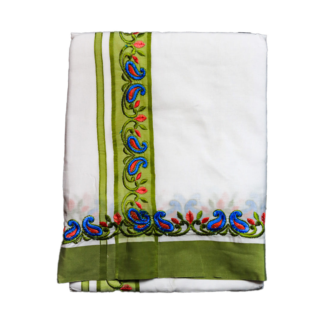 Designer Cotton Dhoti: White with Floral Embroidery and Solid Details for Men Ratnadeep Dhoti