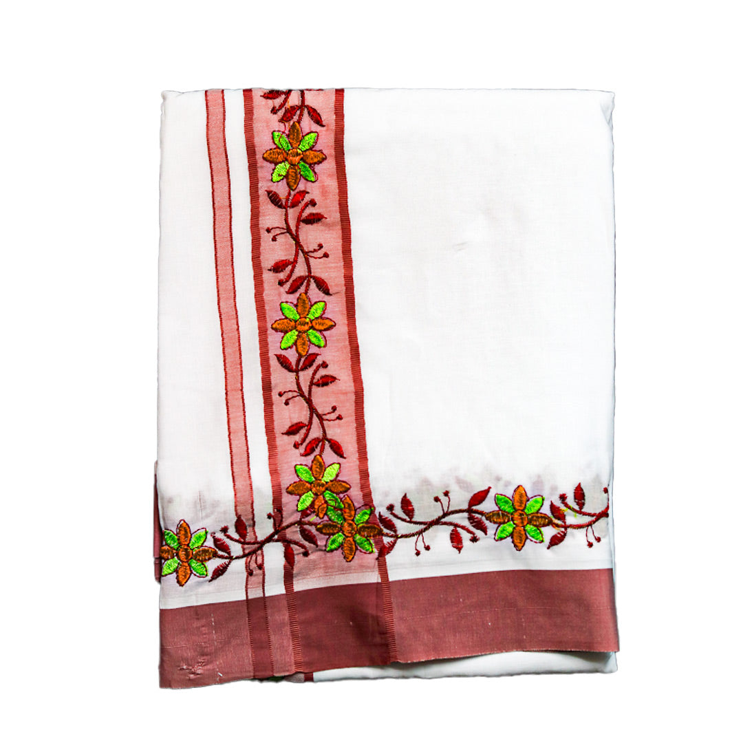 Designer Cotton Dhoti: White with Floral Embroidery and Solid Details for Men Ratnadeep Dhoti