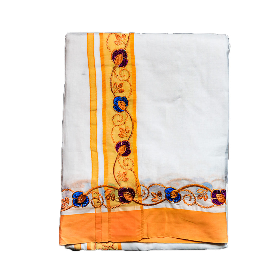 Designer Cotton Dhoti: White with Floral Embroidery and Solid Details for Men Ratnadeep Dhoti