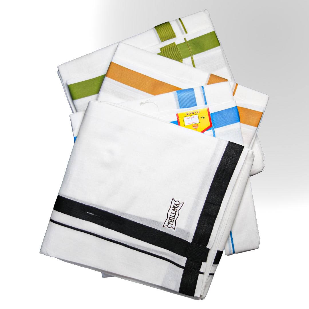 Thirana Jod Dhoti (4.5mtr) with Black, Orange, and Green Borders: Vibrant Elegance for Traditional Wear Ratnadeep Dhoti
