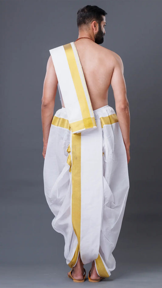 Cotton White Dhoti with Uparana and 100k Jari Border ratnadeepdhoti