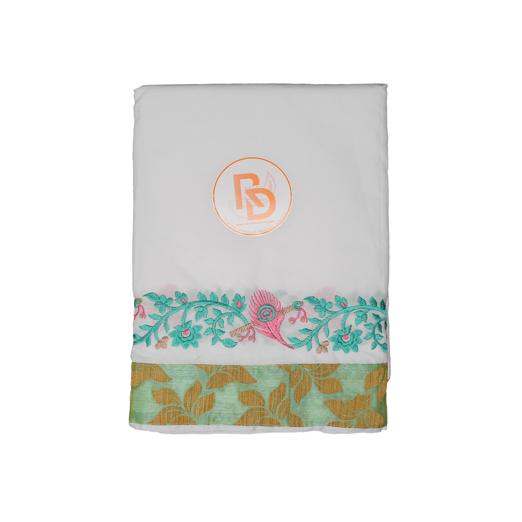 Modern White Dhoti(106) Set with Aqua-Green Border & Gold Motif Finish Ratnadeep Dhoti