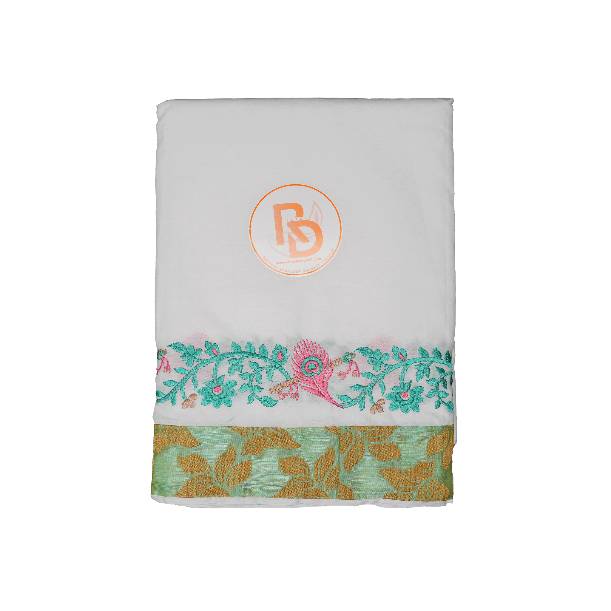 Modern White Dhoti(106) Set with Aqua-Green Border & Gold Motif Finish Ratnadeep Dhoti