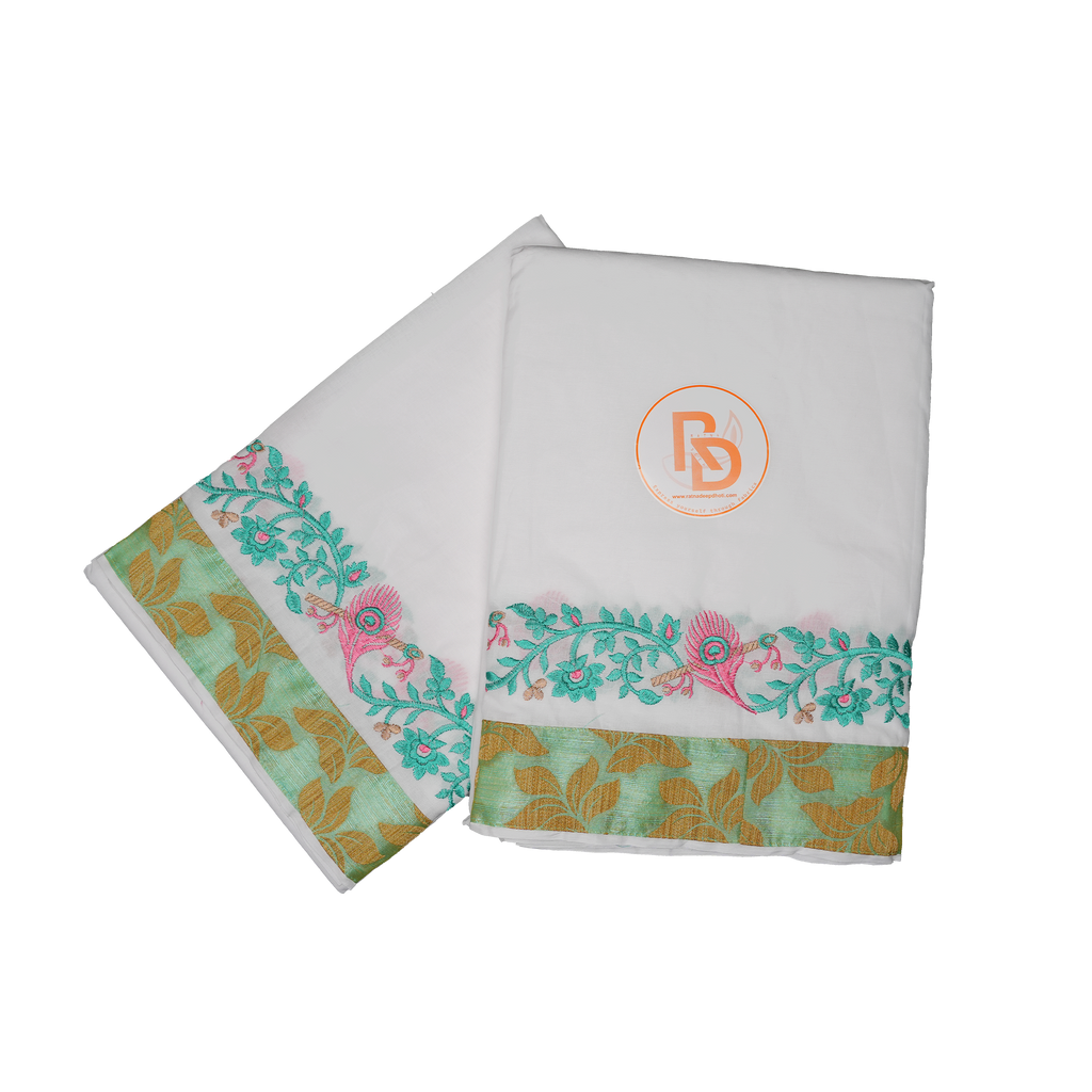 Modern White Dhoti(106) Set with Aqua-Green Border & Gold Motif Finish Ratnadeep Dhoti
