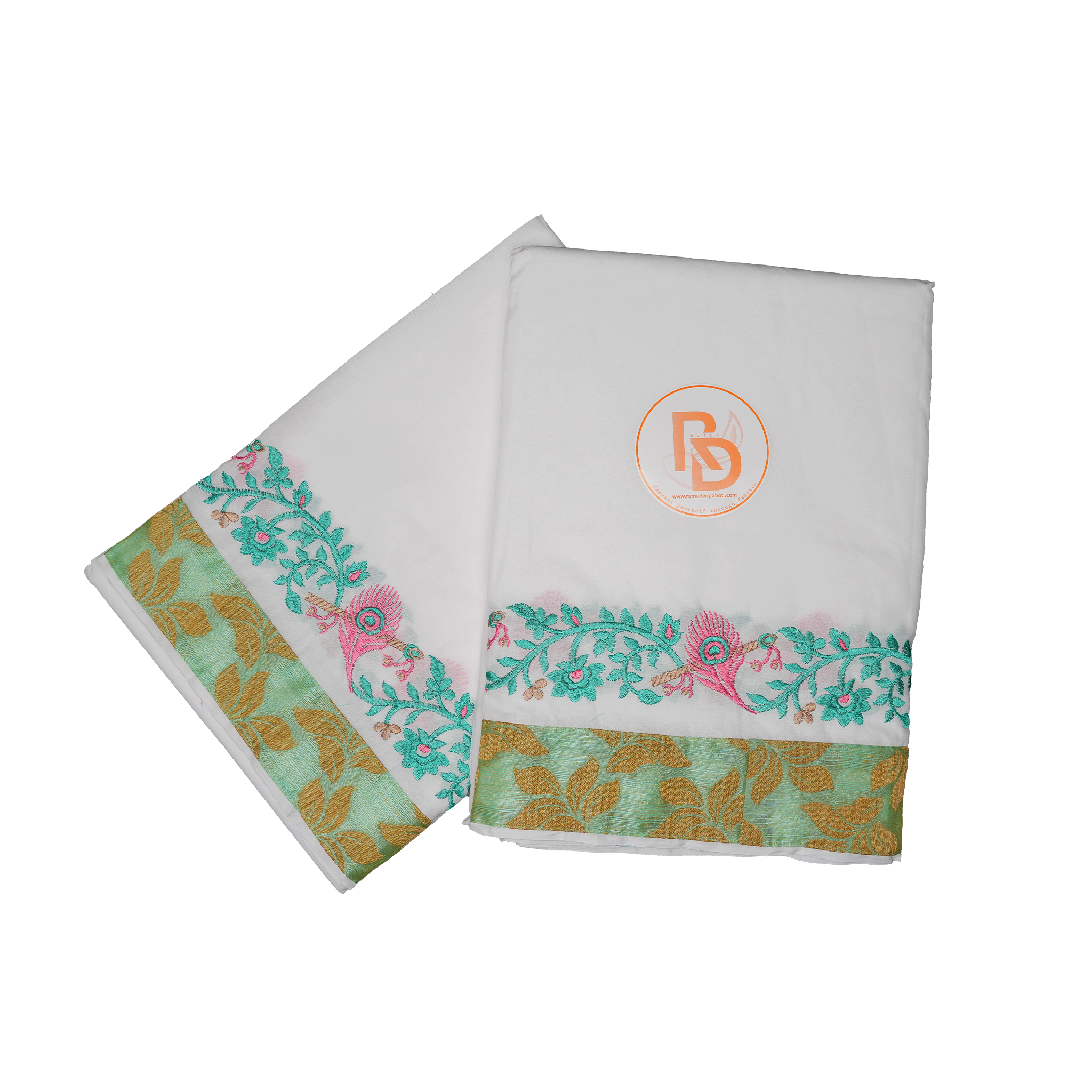 Modern White Dhoti(106) Set with Aqua-Green Border & Gold Motif Finish Ratnadeep Dhoti