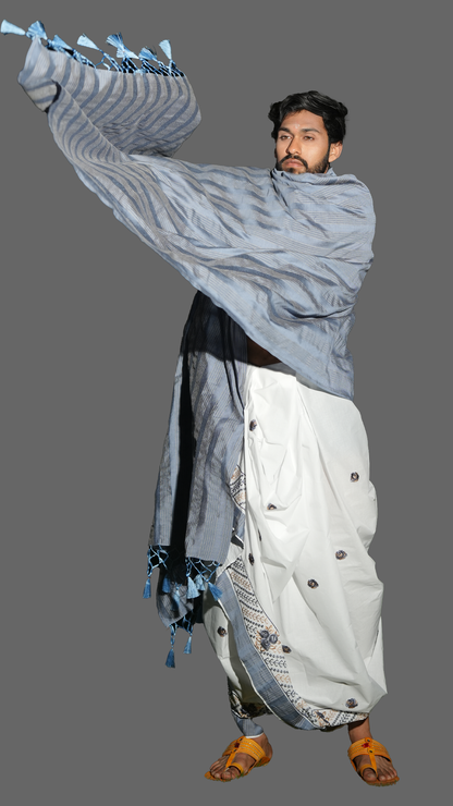 "Abhishek Jodi Dhoti in White & Gray 10x6) ratnadeepdhoti