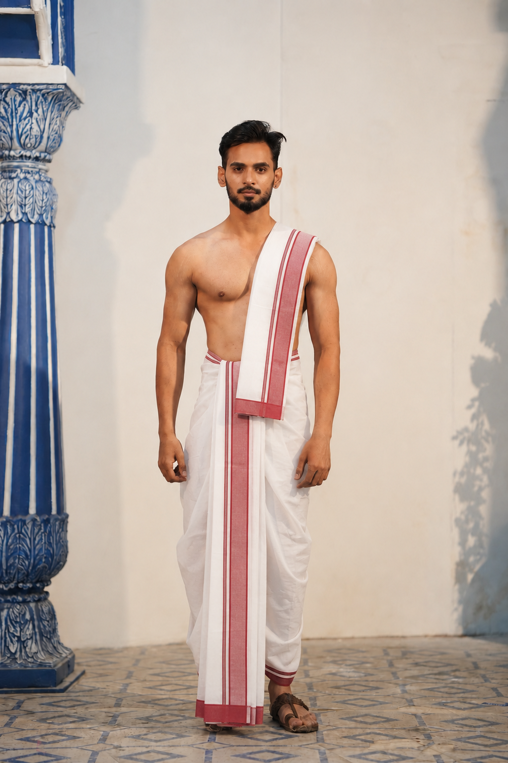 2-Inch Plain Border White Cotton Dhoti Set (10 × 6) for Men