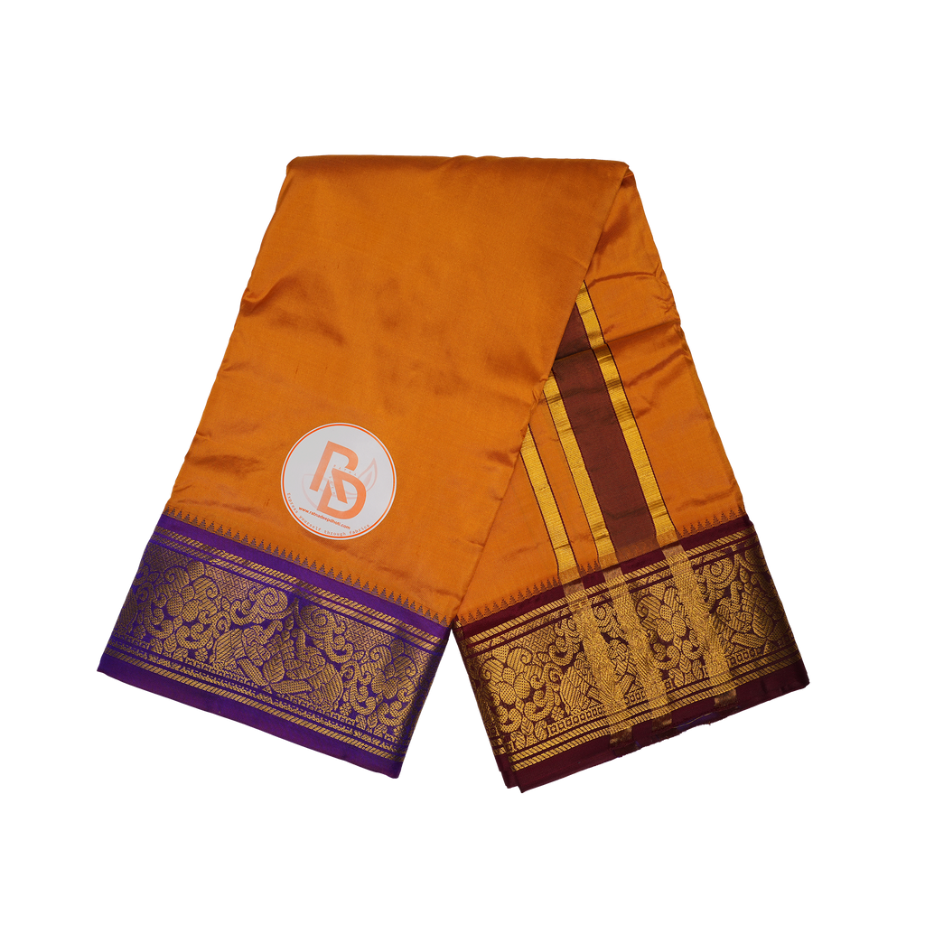 Premium Orange Pure Silk Dhoti with Dual Zari Border – (10×6) Ratnadeep Dhoti
