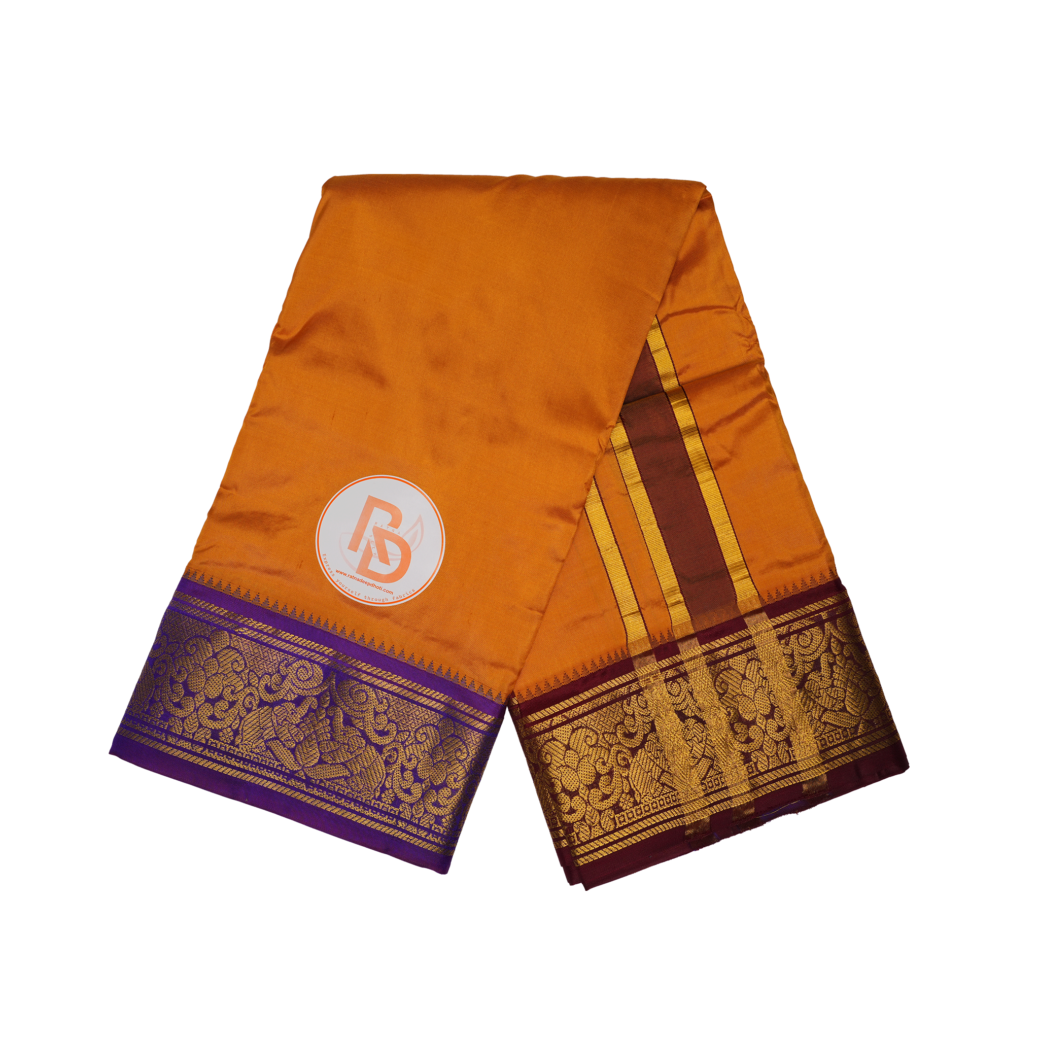 Premium Orange Pure Silk Dhoti with Dual Zari Border – (10×6) Ratnadeep Dhoti