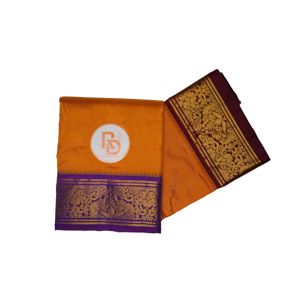 Premium Orange Pure Silk Dhoti with Dual Zari Border – (10×6) Ratnadeep Dhoti