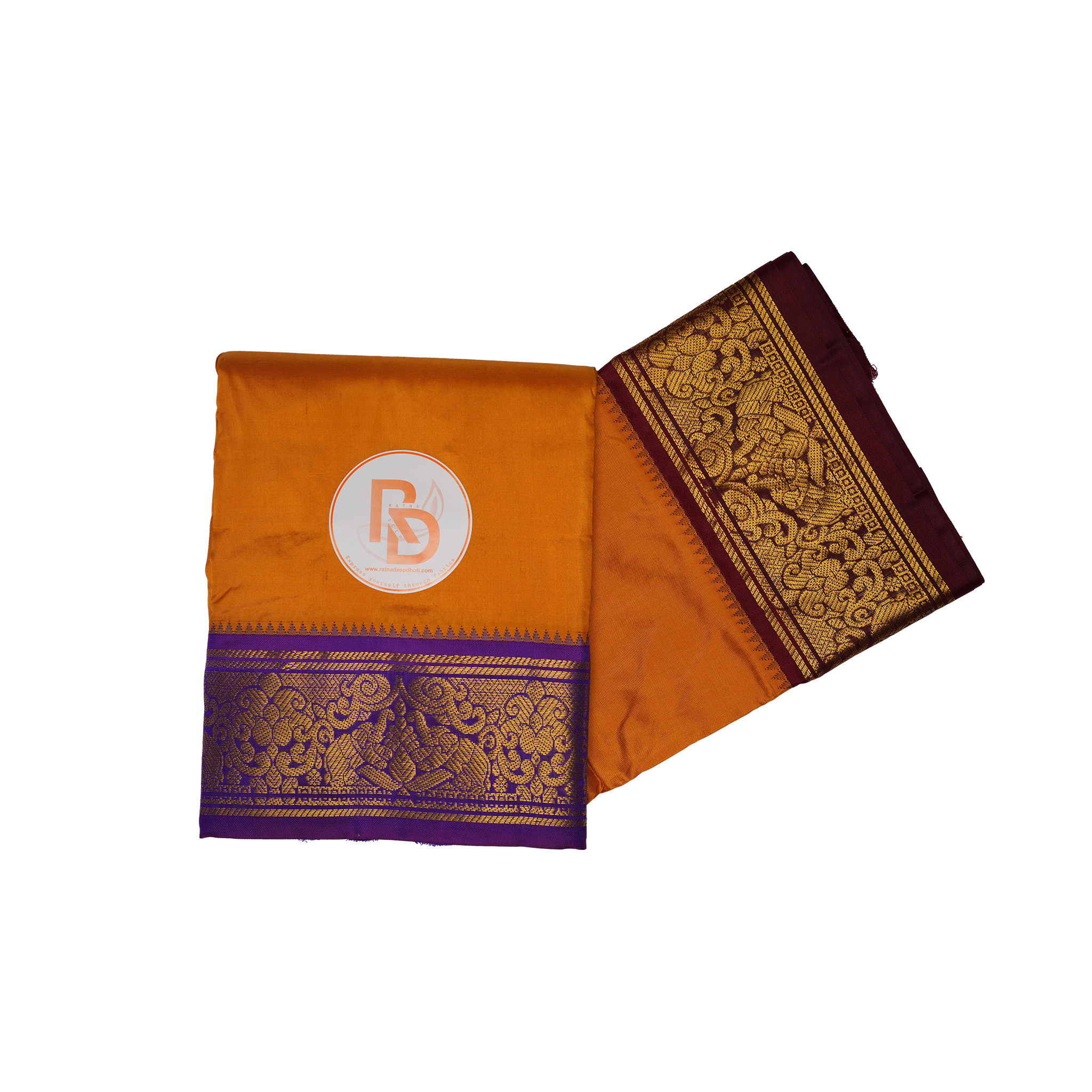 Premium Orange Pure Silk Dhoti with Dual Zari Border – (10×6) Ratnadeep Dhoti