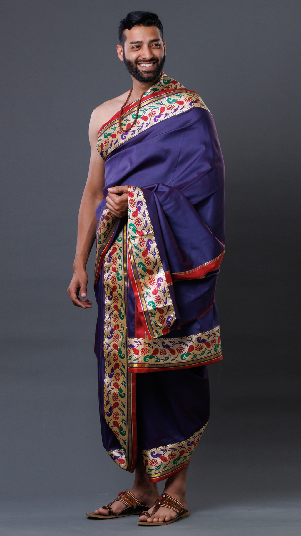 Navy Blue Silk Dhoti Set: Wonder Border Panchakacham Vesthi (10x6) ratnadeepdhoti