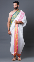 Men's Traditional White Cotton Temple Dhoti with 6-Inch Zari Elephant Border (10x6) ratnadeepdhoti