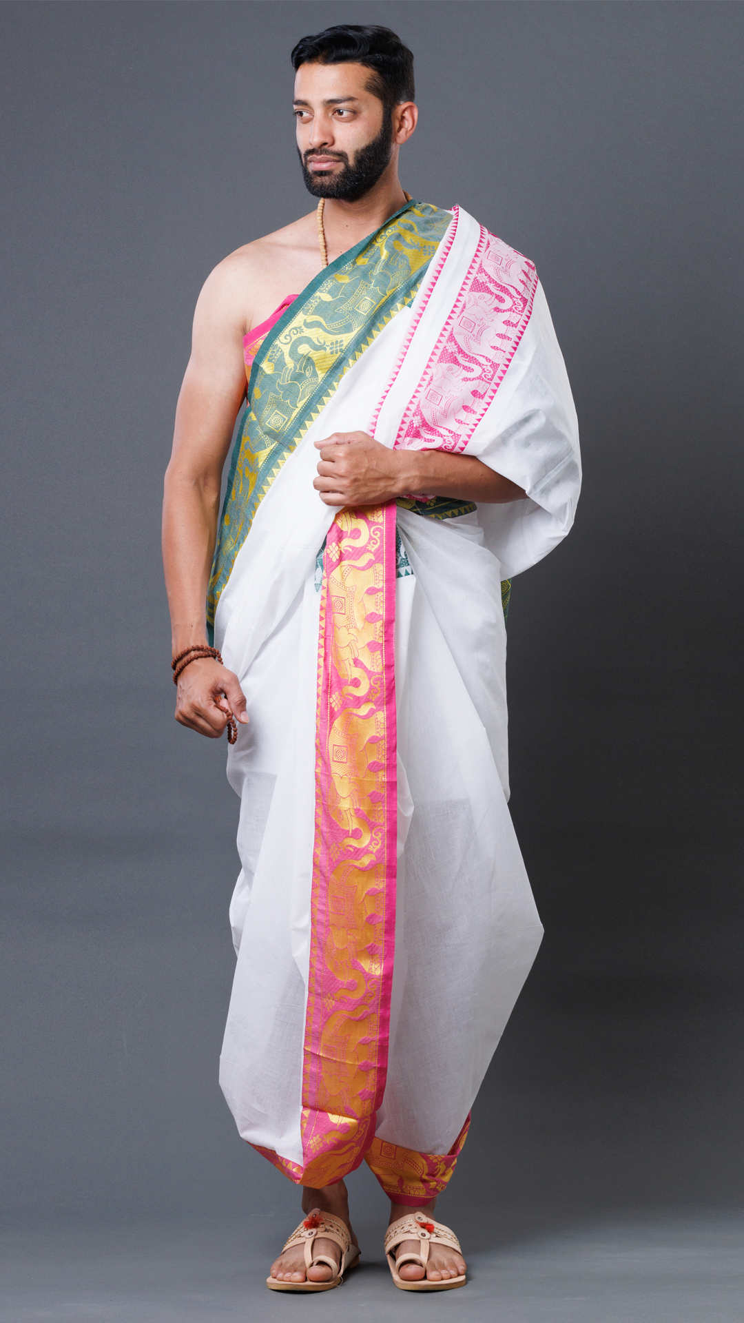 Men's Traditional White Cotton Temple Dhoti with 6-Inch Zari Elephant Border (10x6) ratnadeepdhoti