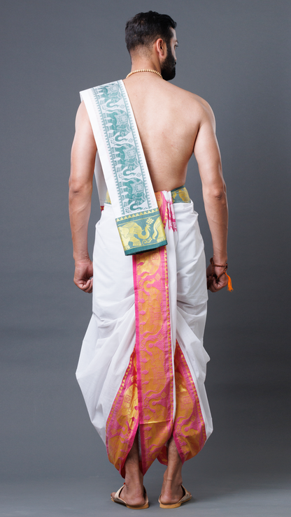 Men's White Cotton Temple Dhoti with 6-Inch Zari Elephant Border (10x6) ratnadeepdhoti