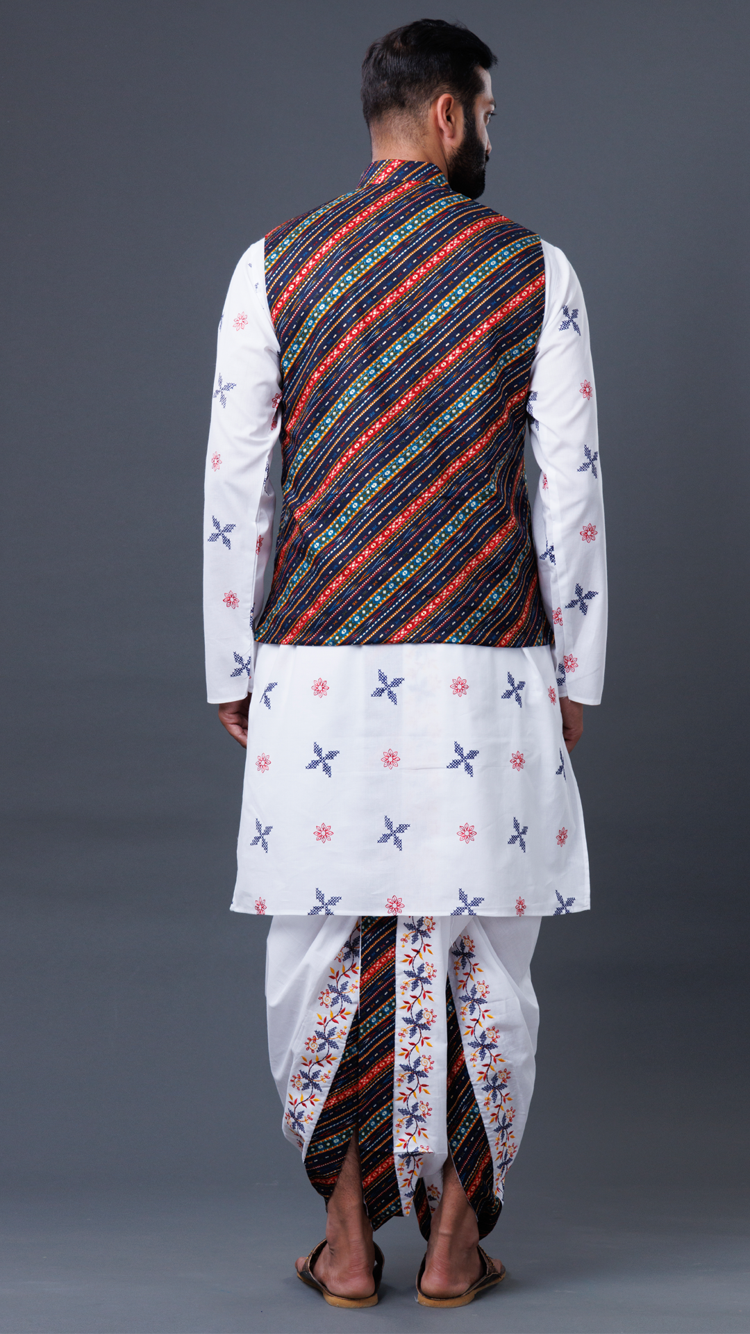 3-Piece Dhoti Set: White Dhoti, Classic White Kurta, and Vibrant Khesh Ratnadeep Dhoti