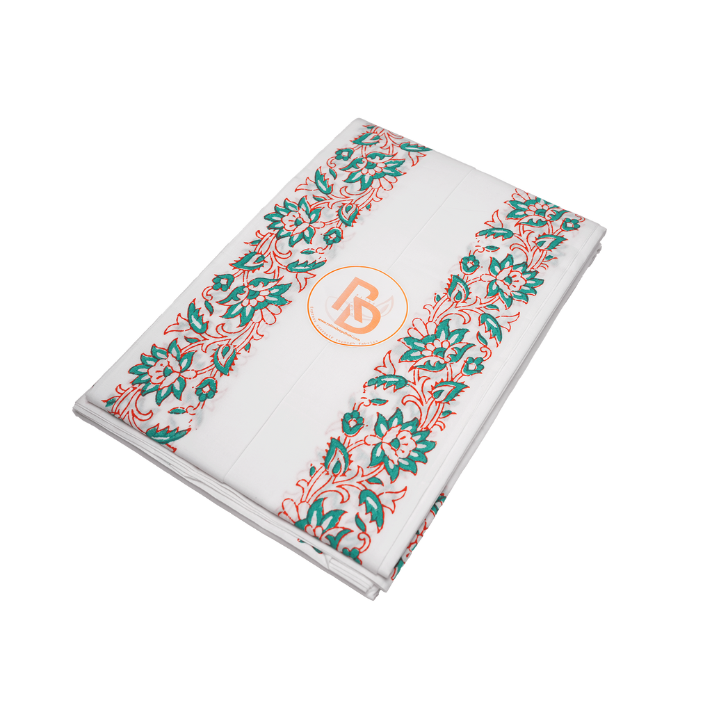 Men’s Ethnic White Cotton Dhoti (10x6) with Green Floral Detailing Ratnadeep Dhoti