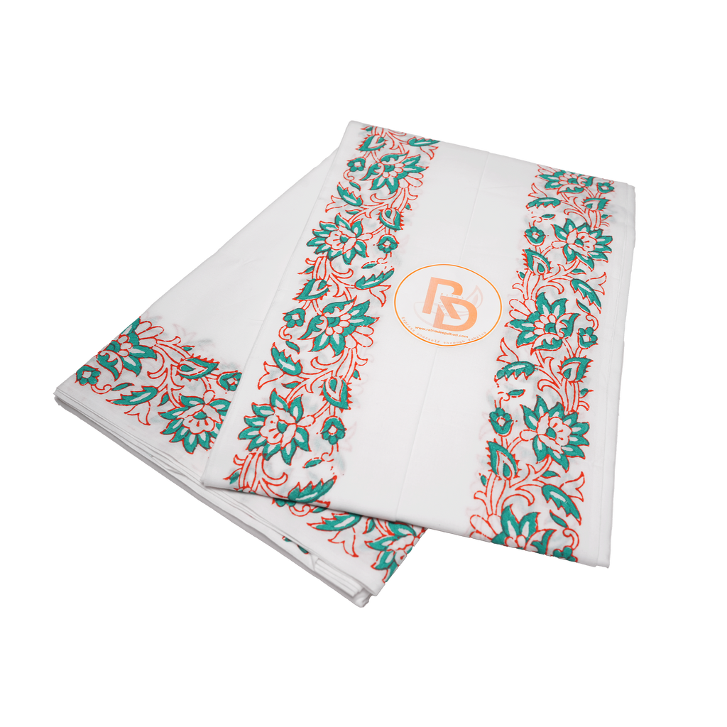 Men’s Ethnic White Cotton Dhoti (10x6) with Green Floral Detailing Ratnadeep Dhoti