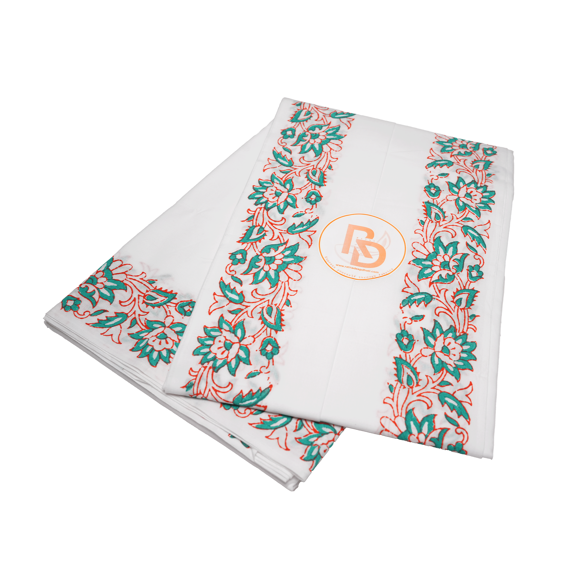 Men’s Ethnic White Cotton Dhoti (10x6) with Green Floral Detailing Ratnadeep Dhoti