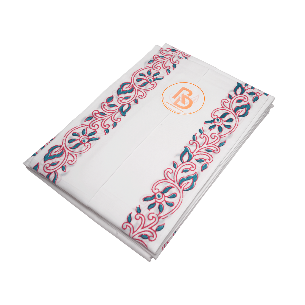Traditional Hand Block Printed Dhoti (10x6) Set – Rose Pink & Teal Floral on White Ratnadeep Dhoti