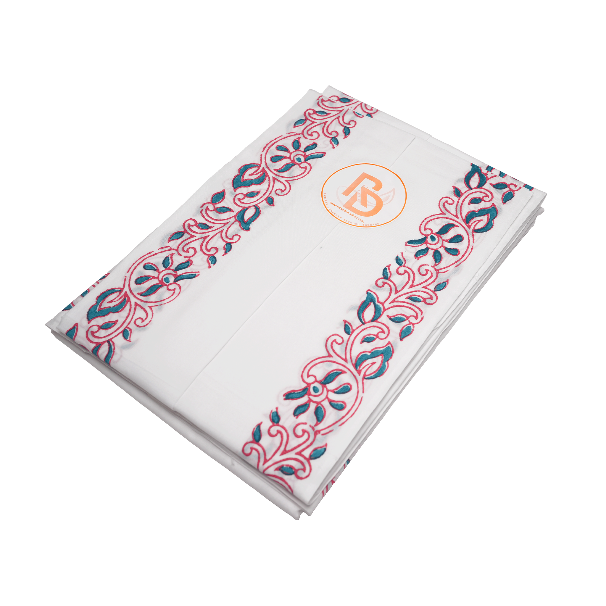 Traditional Hand Block Printed Dhoti (10x6) Set – Rose Pink & Teal Floral on White Ratnadeep Dhoti