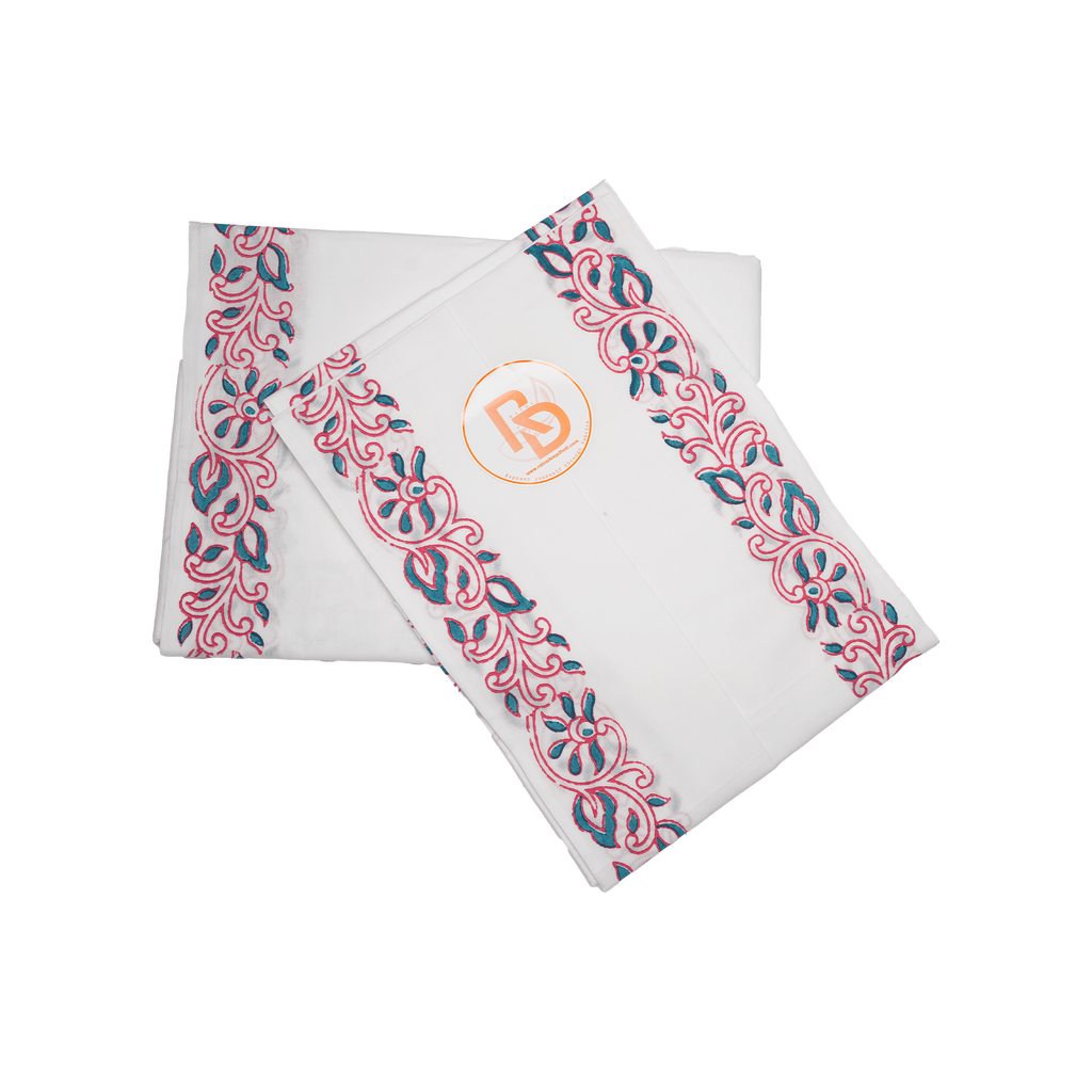 Traditional Hand Block Printed Dhoti (10x6) Set – Rose Pink & Teal Floral on White Ratnadeep Dhoti