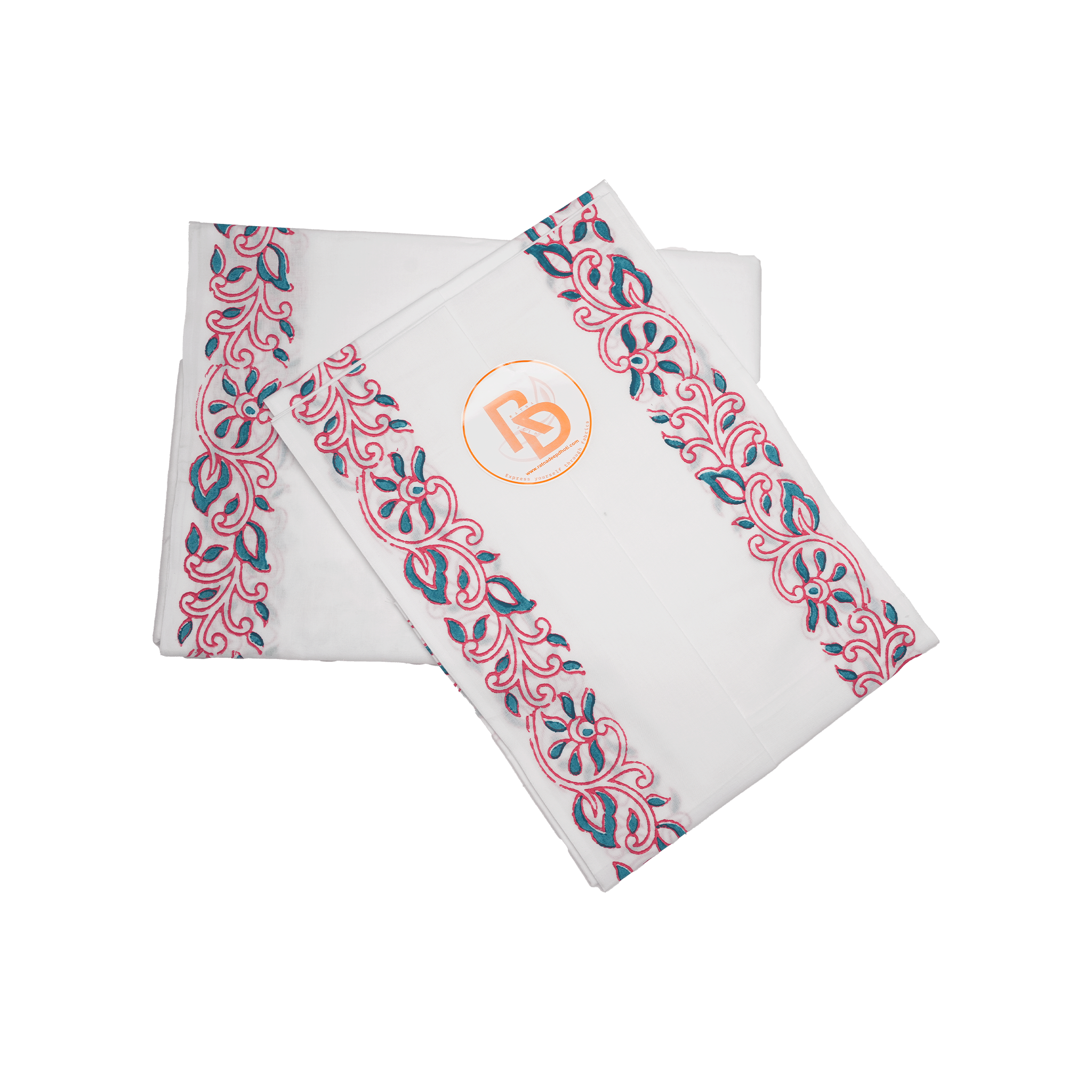 Traditional Hand Block Printed Dhoti (10x6) Set – Rose Pink & Teal Floral on White Ratnadeep Dhoti