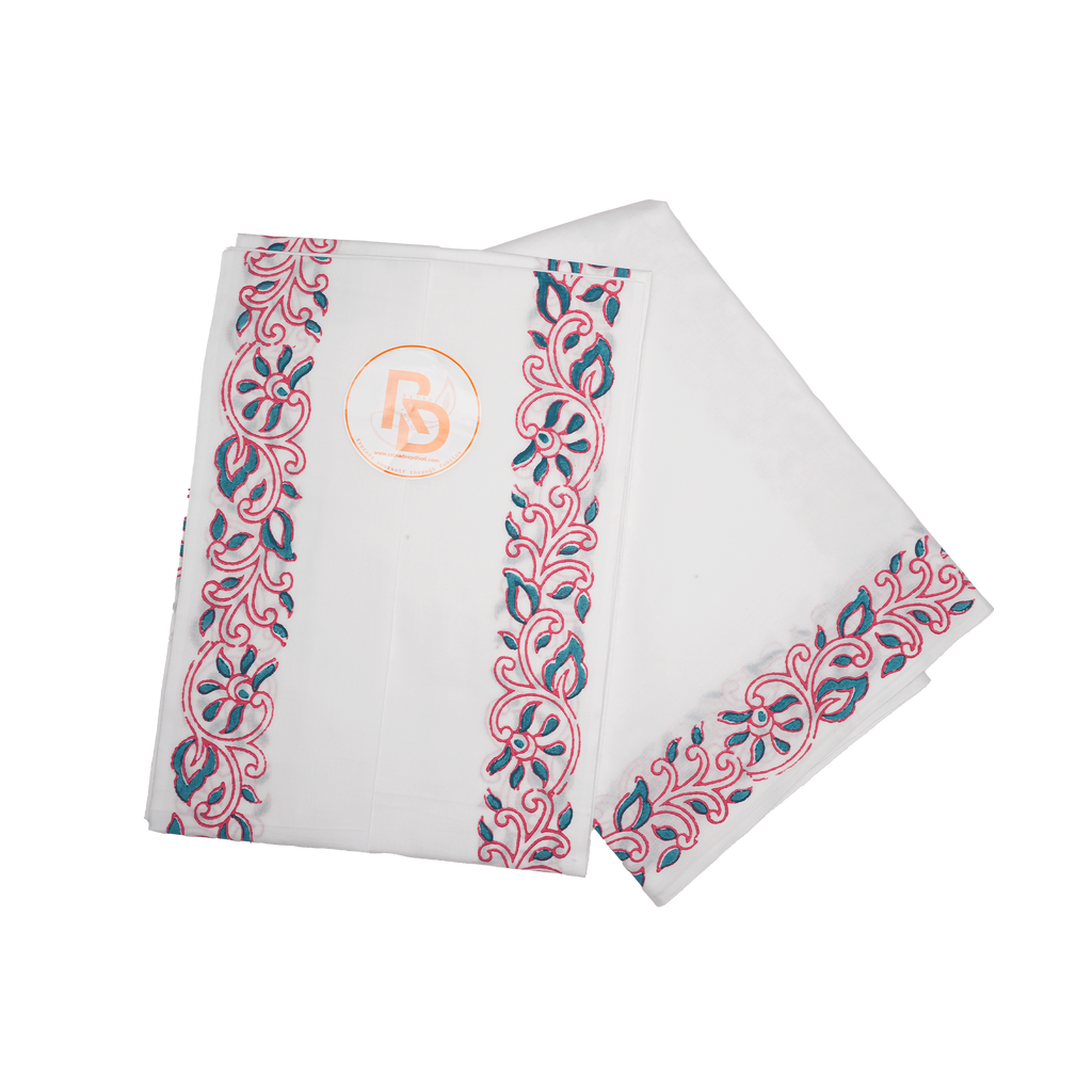 Traditional Hand Block Printed Dhoti (10x6) Set – Rose Pink & Teal Floral on White Ratnadeep Dhoti