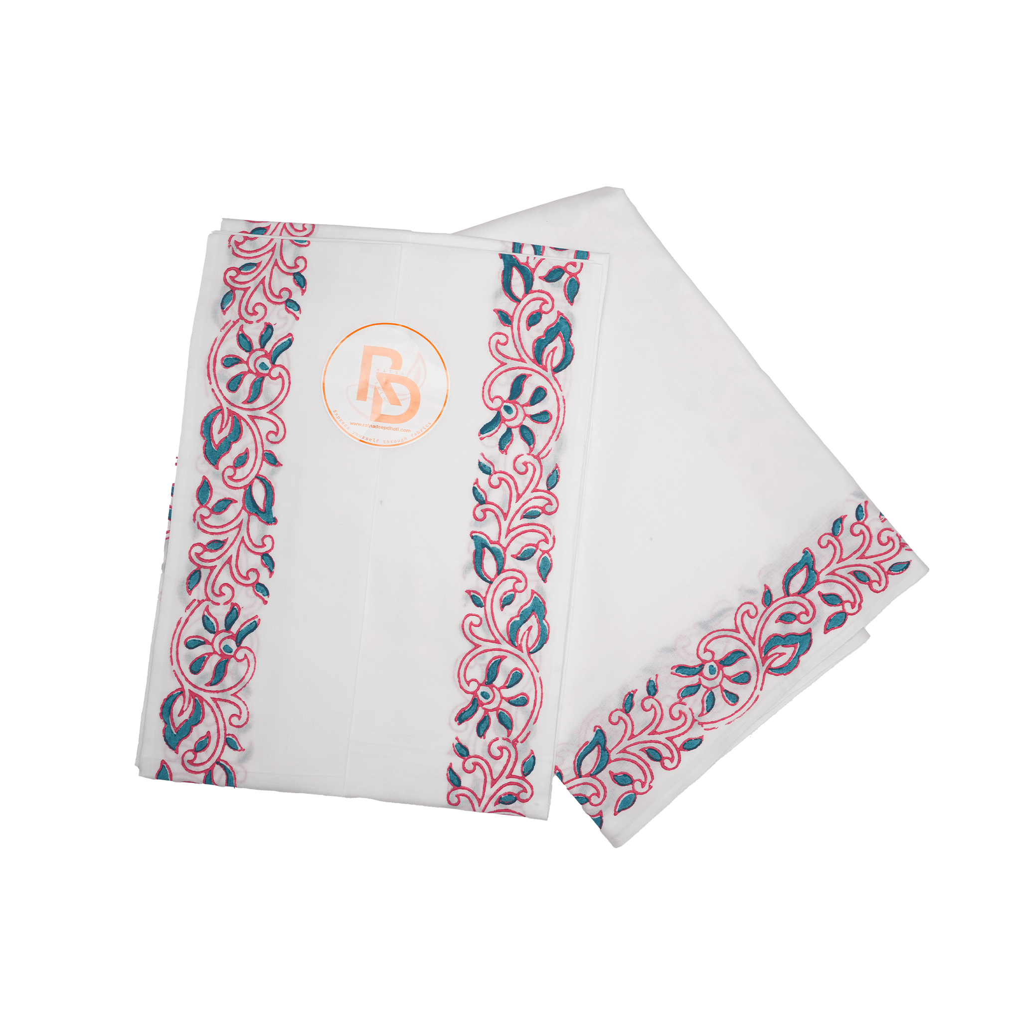 Traditional Hand Block Printed Dhoti (10x6) Set – Rose Pink & Teal Floral on White Ratnadeep Dhoti