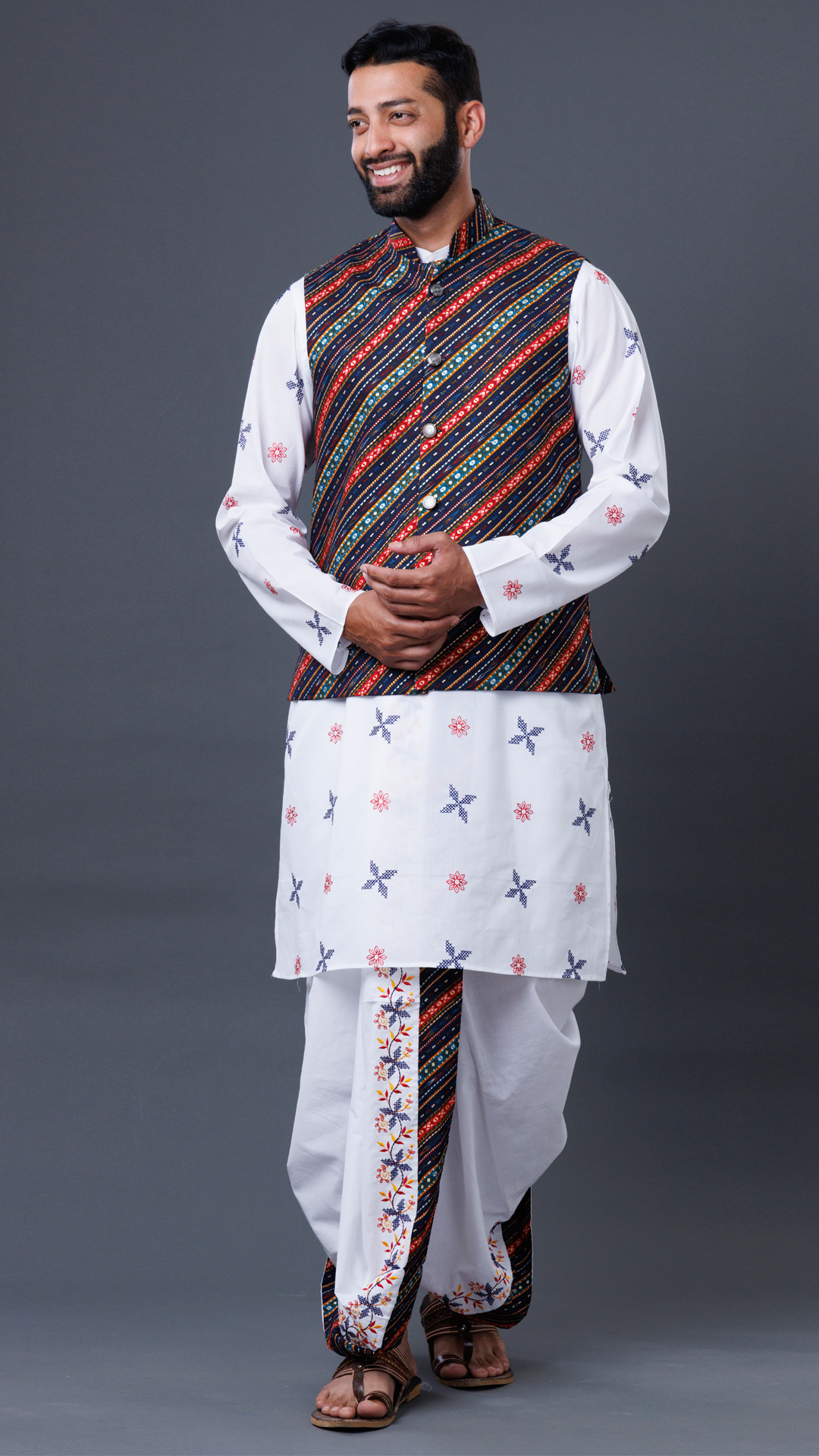 3-Piece Dhoti Set: White Dhoti, Classic White Kurta, and Vibrant Khesh Ratnadeep Dhoti