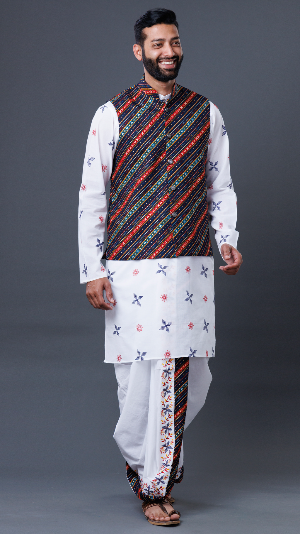 3-Piece Dhoti Set: White Dhoti, Classic White Kurta, and Vibrant Khesh Ratnadeep Dhoti