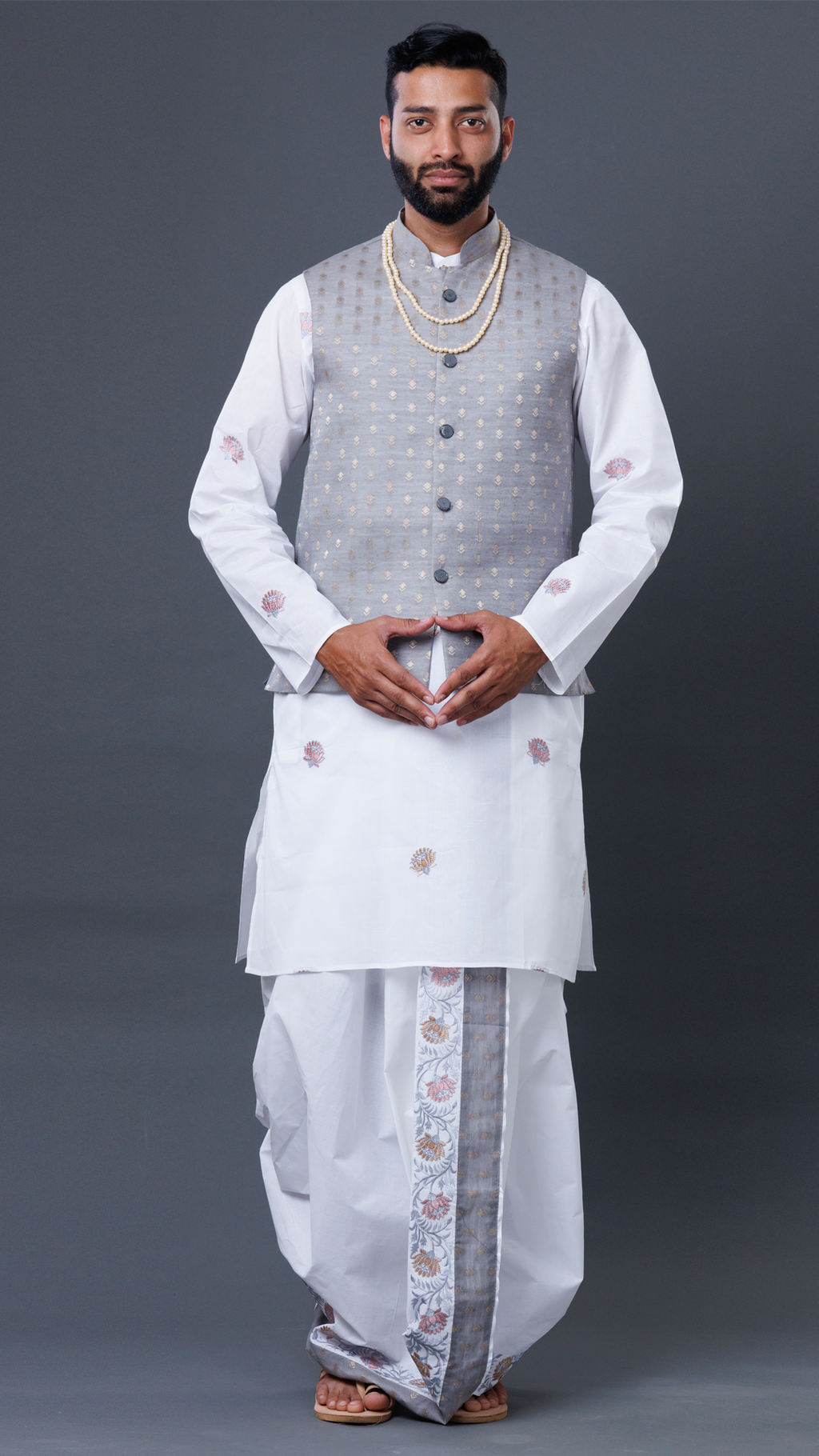 3-Piece Jod Set: White Dhoti, White Kurta & Colored Khesh ratnadeepdhoti